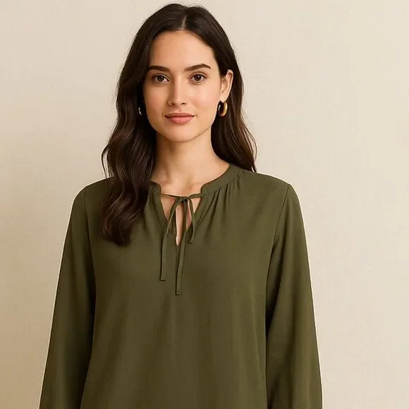 Chico's Poplin Dress with Pockets and Tie Neck Olive Army Green Size Medium - Picture 2 of 6